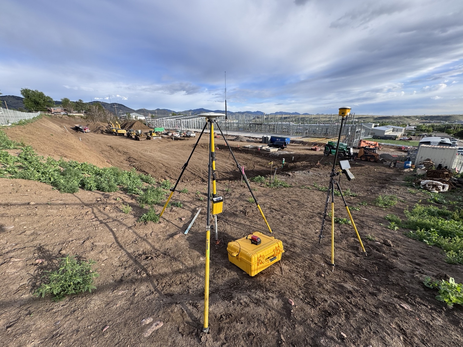 Trimble GPS base station overlooking an active jobsite
